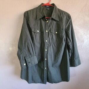 Chaps Button Down Shirt Women 1X Black White Polka Dot 3/4 Sleeve Pockets Silver